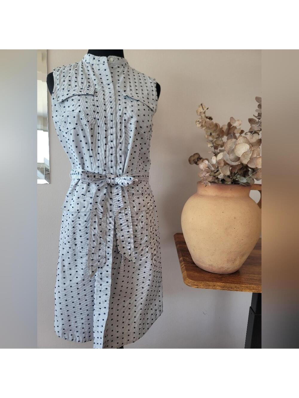 Banana Republic Navy Polka Dot Striped Midi Tie Dress Sz S